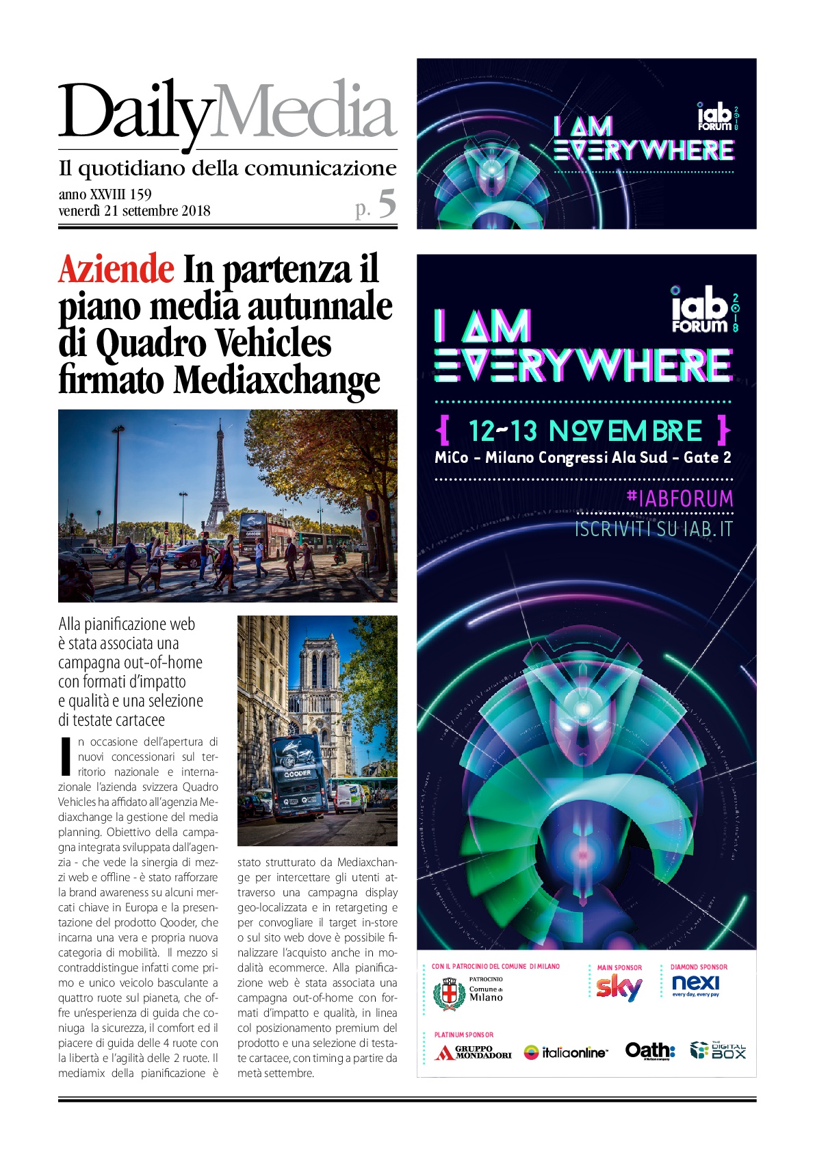 MEDIAXMOTIVE SUL DAILY MEDIA PER LA CAMPAGNA INTERNAZIONALE DEDICATA A QUADRO VEHICLES 2018