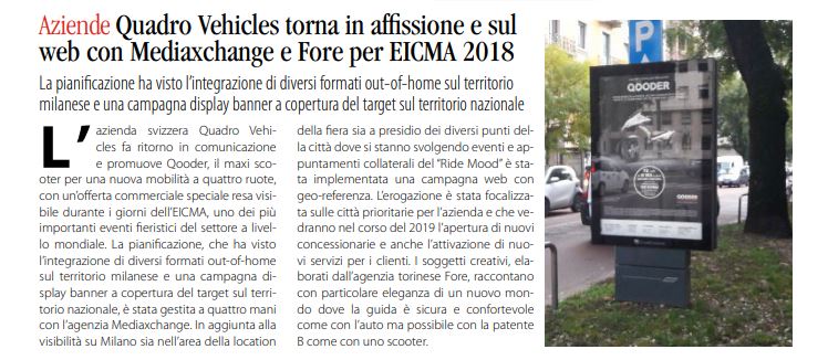 MEDIAXMOTIVE SUL DAILYMEDIA PER LA CAMPAGNA DI QUADRO VEHICLES-EICMA 2018